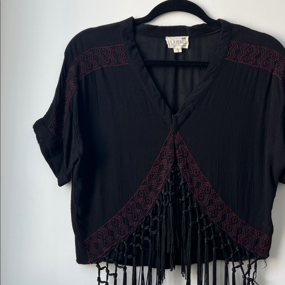 La Hearts Black and Pink Fringe Crop Top